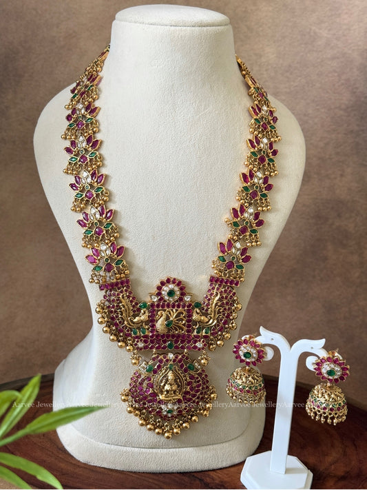 KEMP MULTI COLOR STONES LOTUS MOTIF HARAM SET WITH LAKSHMI PENDANT AND GOLD BEADS
