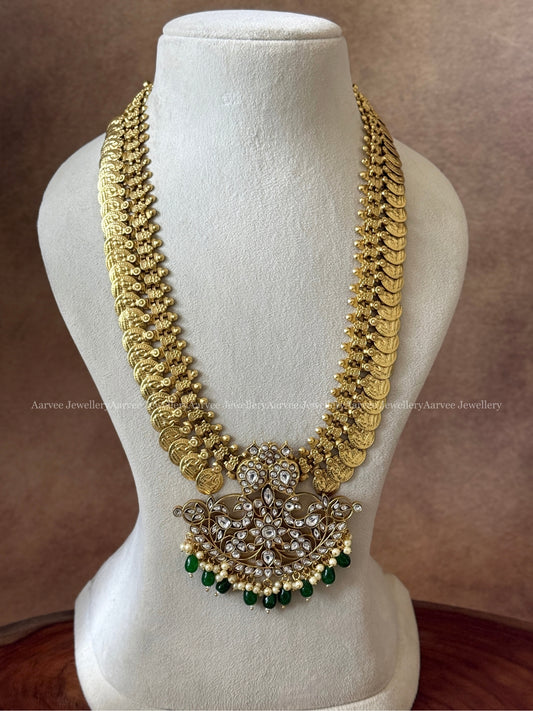JADAU KUNDAN GOLD COIN MIDLENGTH CHAIN WITH WHITE STONE MANGO PENDANT & GREEN BEADS