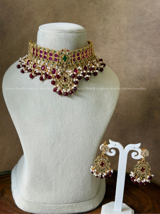CZ STONES HIGH QUALITY CHOKER SET WITH RUBY BEADS