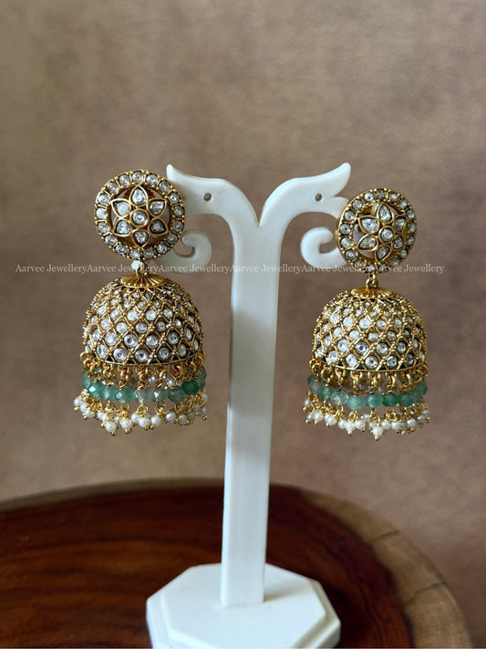 PREMIUM KEMP STONE FLORAL JHUMKI WITH WHITE STONE & PASTEL BEADS