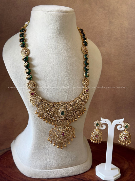 CZ GREEN STONE HARAM SET WITH GOLD BEADS