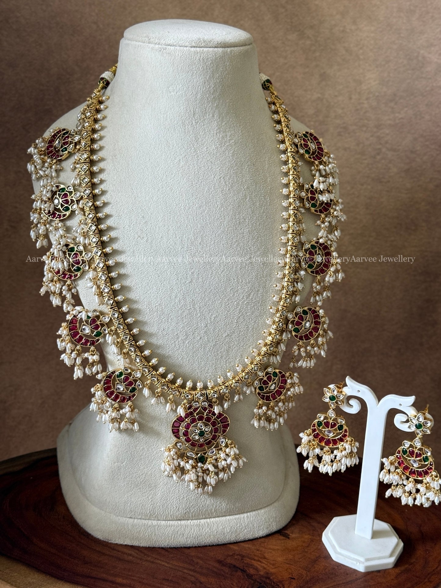 PREMIUM GOLD FINISH GUTTA PUSALU HARAM SET WITH RUBY/ GREEN STONES & PEARLS