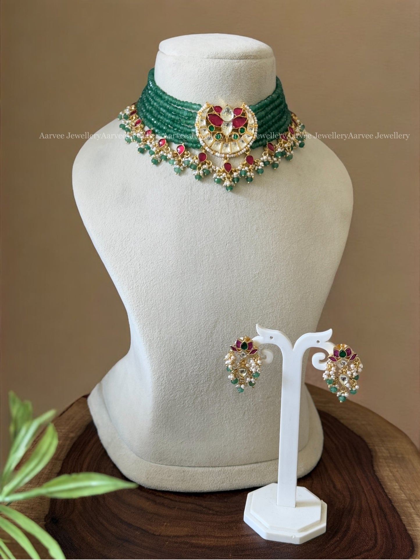 POLKI KUNDAN PASTEL BEADED CHOKER SET WITH LOTUS MOTIF PENDANT