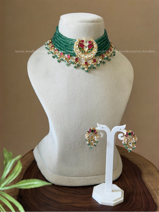 POLKI KUNDAN PASTEL BEADED CHOKER SET WITH LOTUS MOTIF PENDANT
