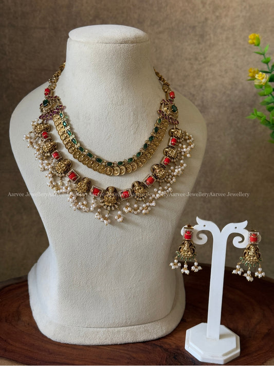 LAKSHMI COIN TWO LAYERED NECKLACE SET WITH GREEN & CORAL STONES