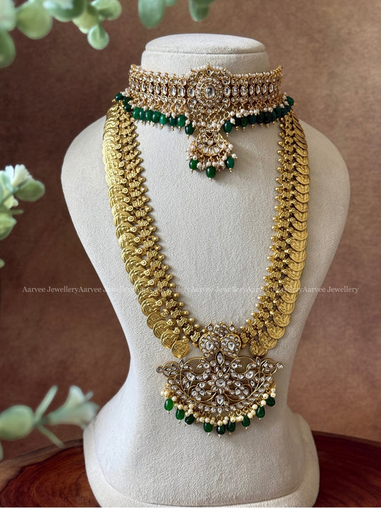 COMBO - WHITE KEMP STONE CHOKER WITH JADAU KUNDAN COIN MIDLENGTH HARAM WITH GREEN BEADS