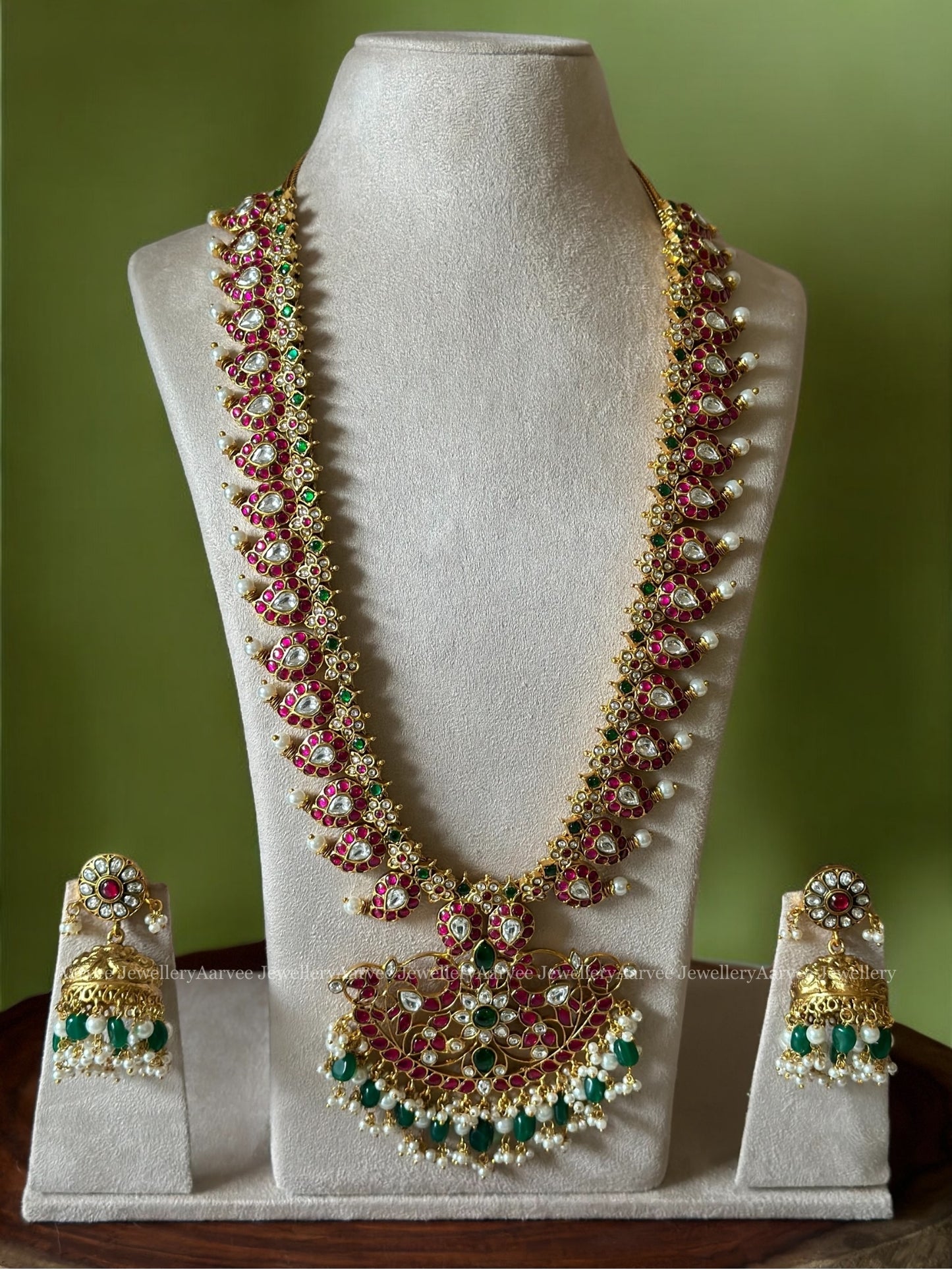 JADAU KUNDAN RUBY STONES MANGO HARAM & BUTTA JHUMKI WITH GREEN BEADS