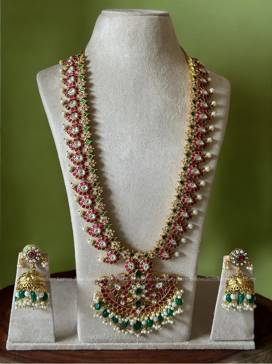 JADAU KUNDAN RUBY STONES MANGO HARAM & BUTTA JHUMKI WITH GREEN BEADS