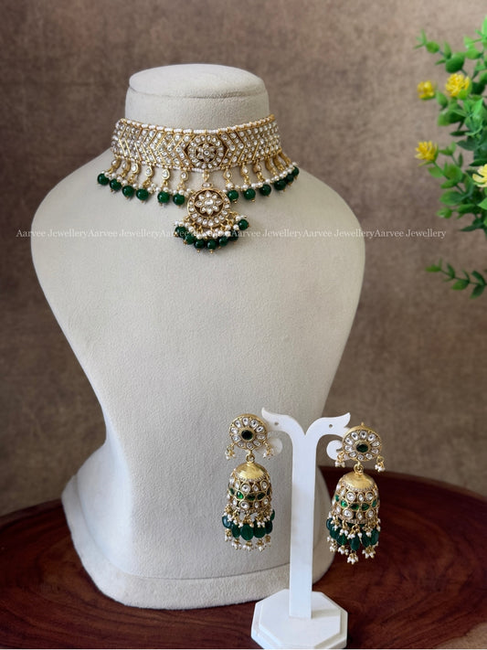 JADAU KUNDAN ADITI WHITE STONE CHOKER & JHUMKI WITH GREEN BEADS