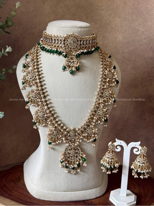 COMBO - KEMP WHITE STONE SINGLE PENDANT CHOKER WITH FLORAL GUTTA PUSALU HARAM SET WITH PEARL & GREEN BEADS