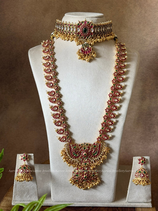 RUBY KUNDAN STONES CHOKER PAIRED WITH MANGO MOTIF HARAM WITH GOLD BEADS