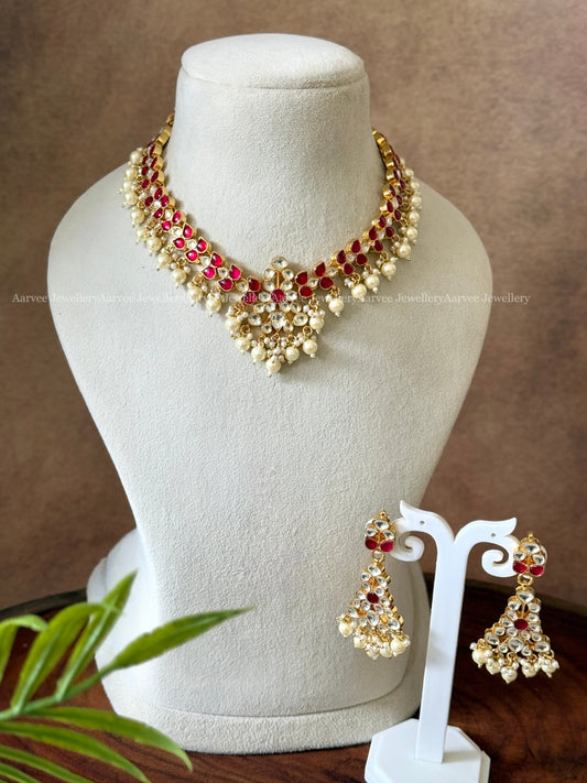 POLKI KUNDAN PINK STONE TEAR DROP NECKLACE SET