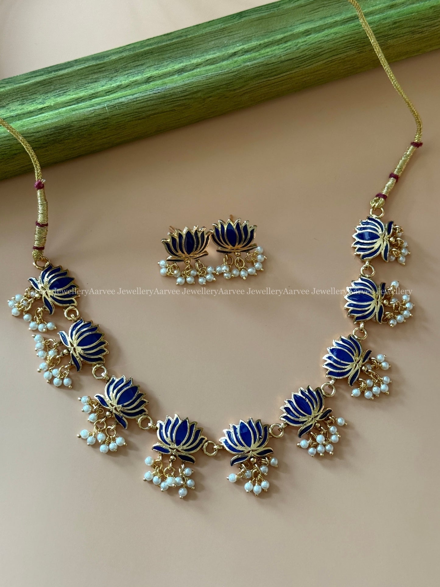 BLUE LOTUS NECKLACE SET WITH PEARL DROPS - PREMIUM