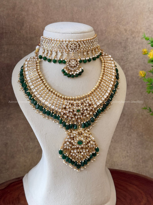 LUXE JADAU BRIDAL JEWELLERY — ADITI CHOKER, STATEMENT NECKLACE SET IN WHITE STONES & DARK GREEN BEADS