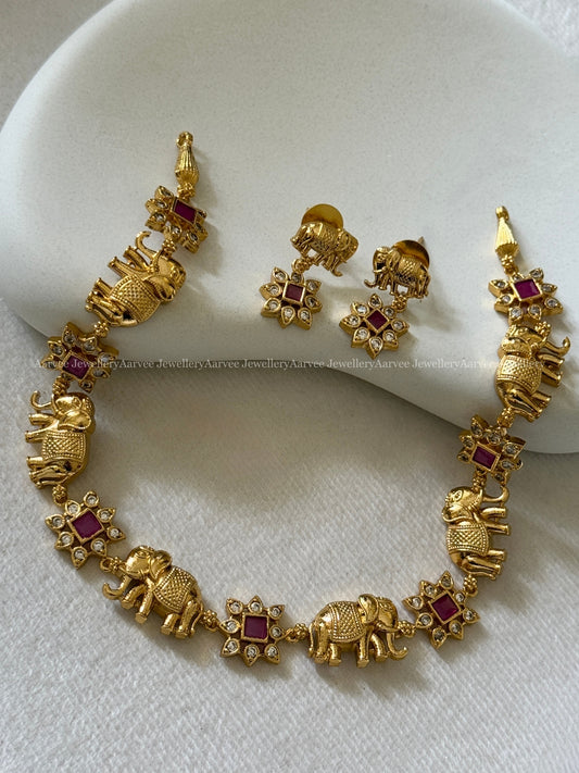 MINIMAL ELEPHANT & FLORAL NECKLACE SET IN CZ RUBY STONE