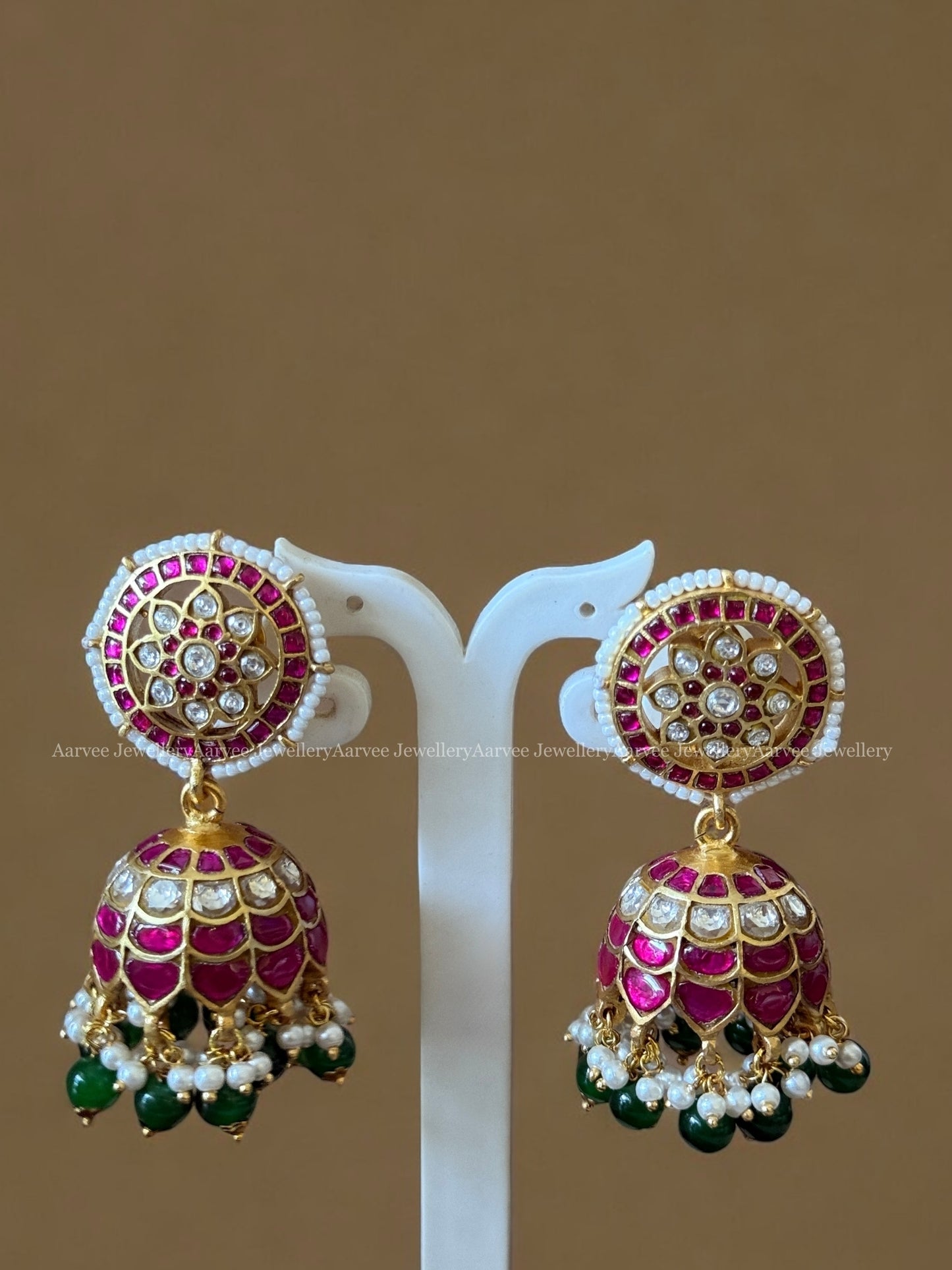 JADAU KUNDAN BUTTA JHUMKI WITH PINK STONES & GREEN BEADS