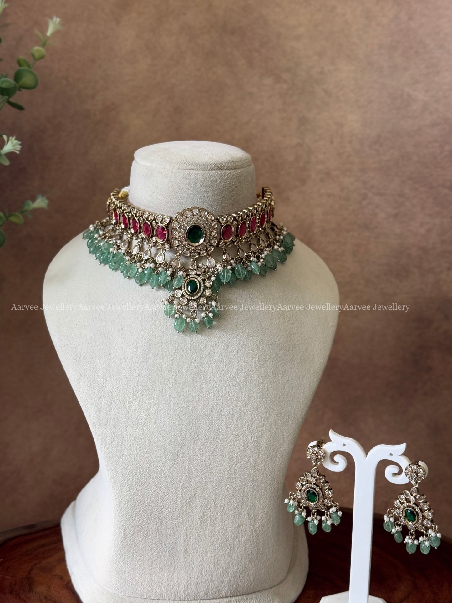 PREMIUM VICTORIAN CHOKER SET WITH RED/ GREEN STONE & PASTEL BEADS