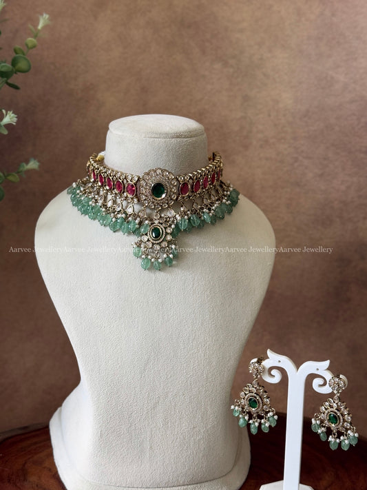 PREMIUM VICTORIAN CHOKER SET WITH RED/ GREEN STONE & PASTEL BEADS