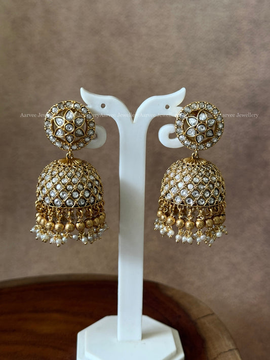 PREMIUM KEMP STONE FLORAL JHUMKI WITH WHITE STONE & GOLD BEADS