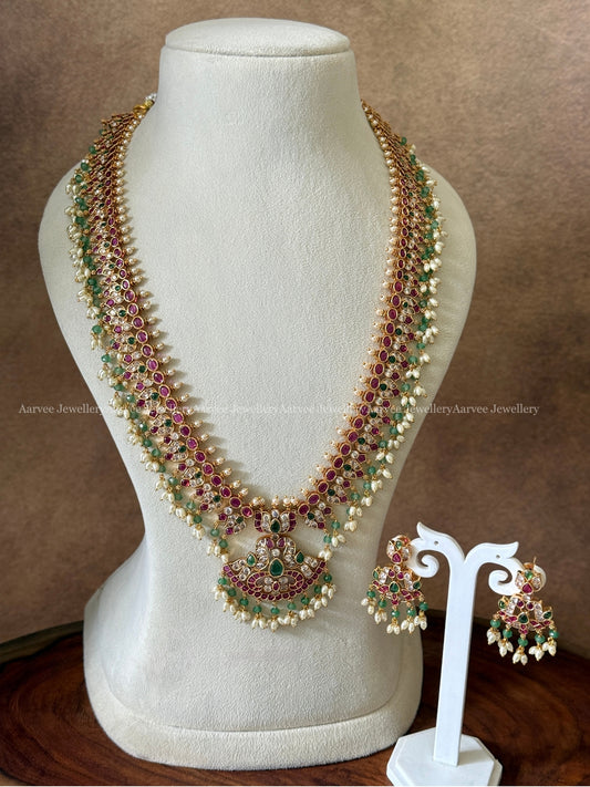 RUBY STONE FLORAL HARAM SET WITH TINY PASTEL GREEN BEADS & RICE PEARL
