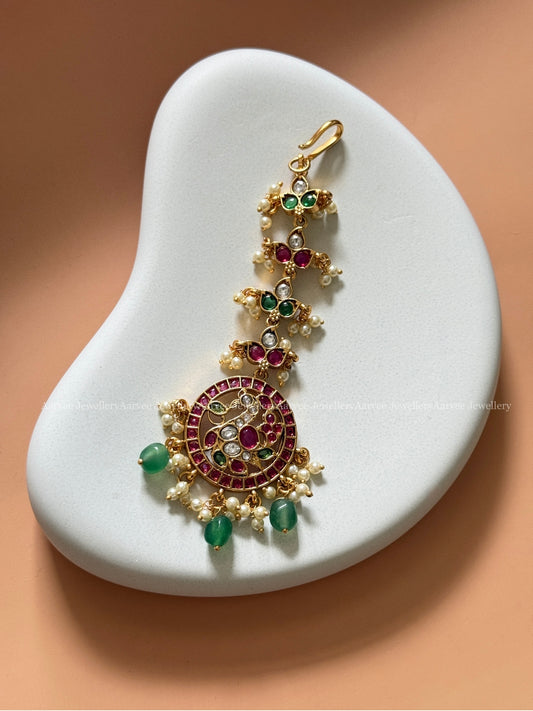 PREMIUM KEMP RUBY / GREEN STONES TIKKA WITH PEACOCK PENDANT - PEARL & PASTEL  BEADS
