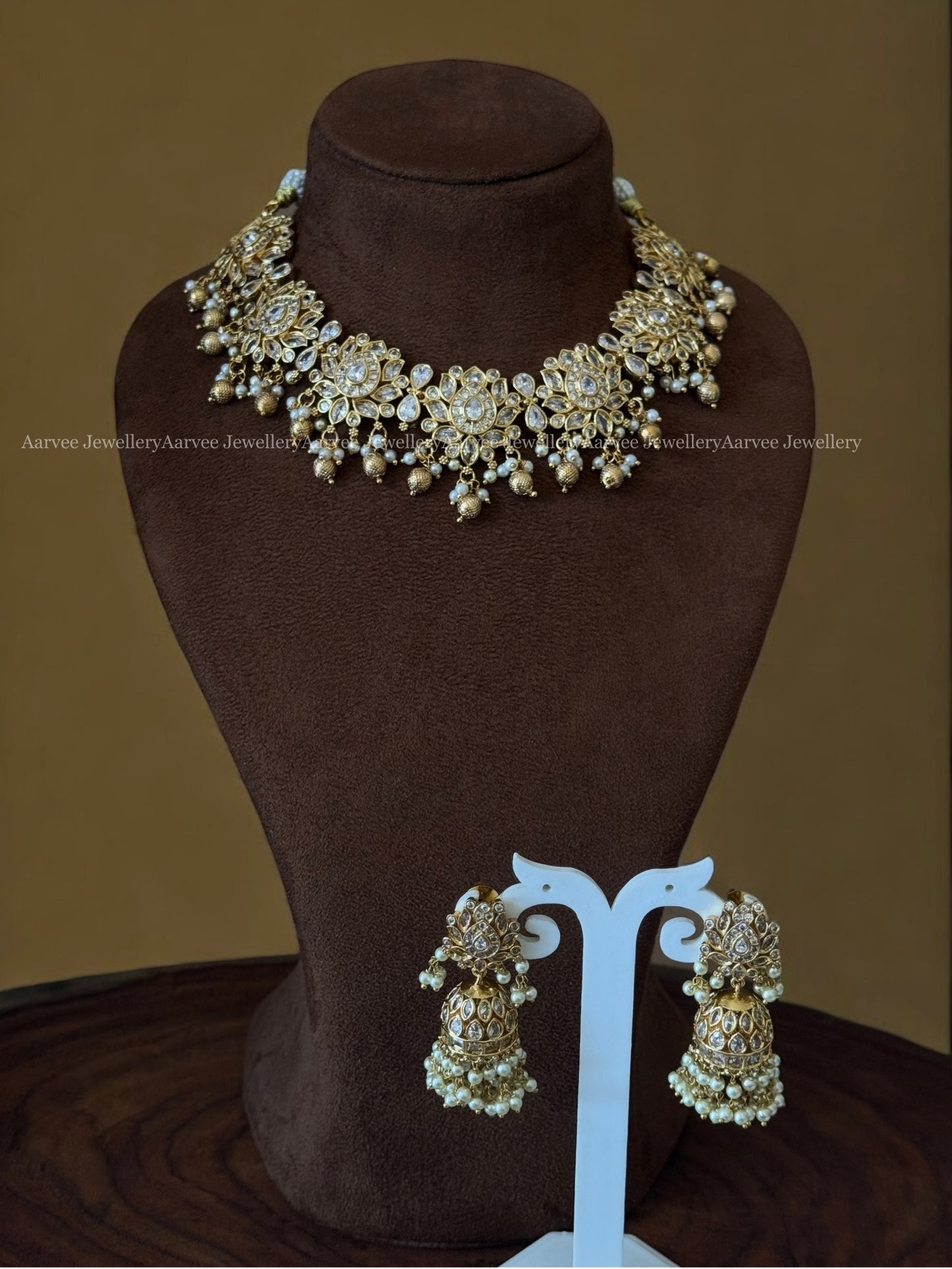 CZ LOTUS MOTIF NECKLACE SET WITH WHITE STONES AND GOLD BEADS & PEARLS