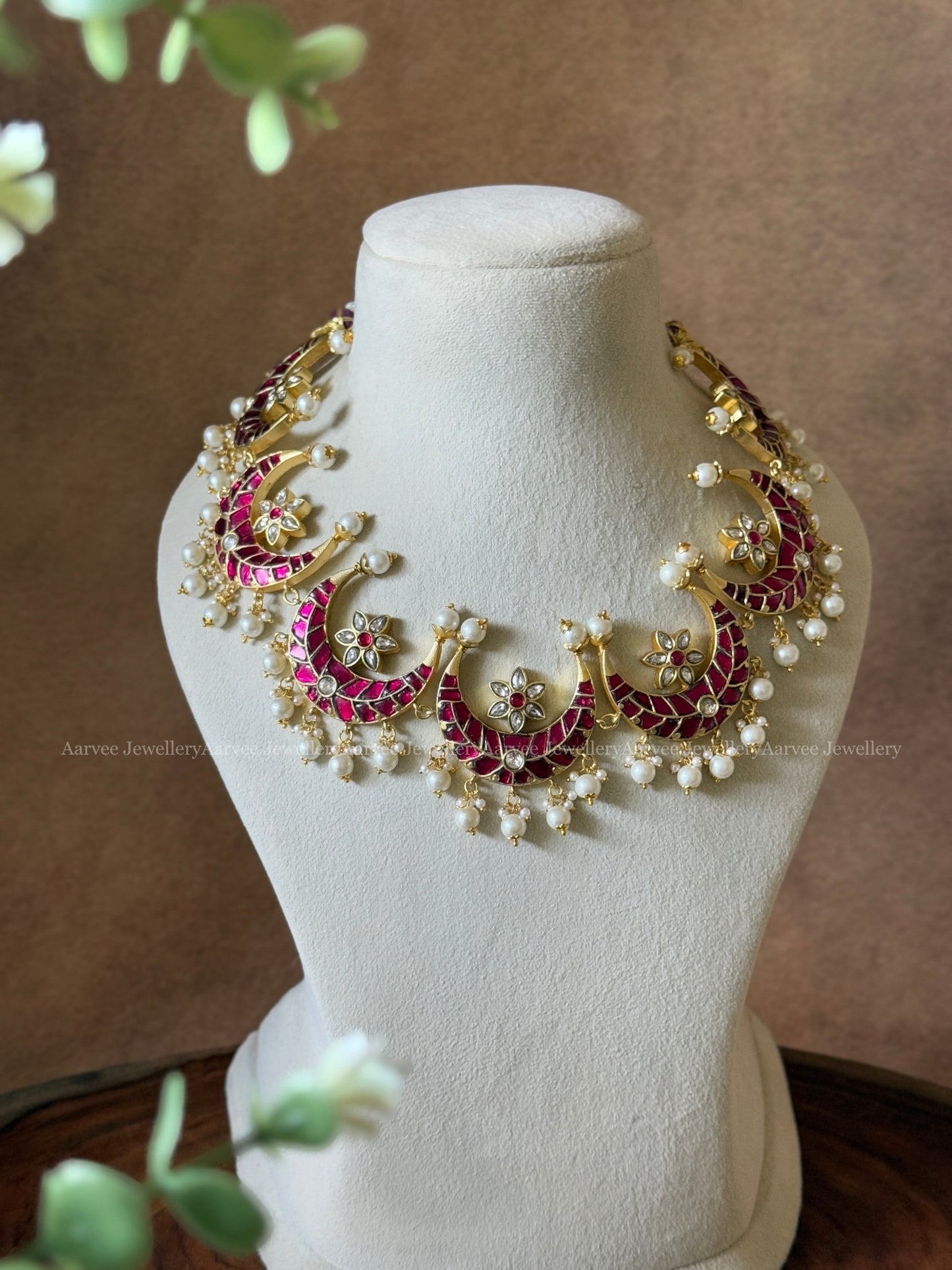 PINK STONE JADAU KUNDAN 7 PENDANT CHAND DESIGN NECKLACE