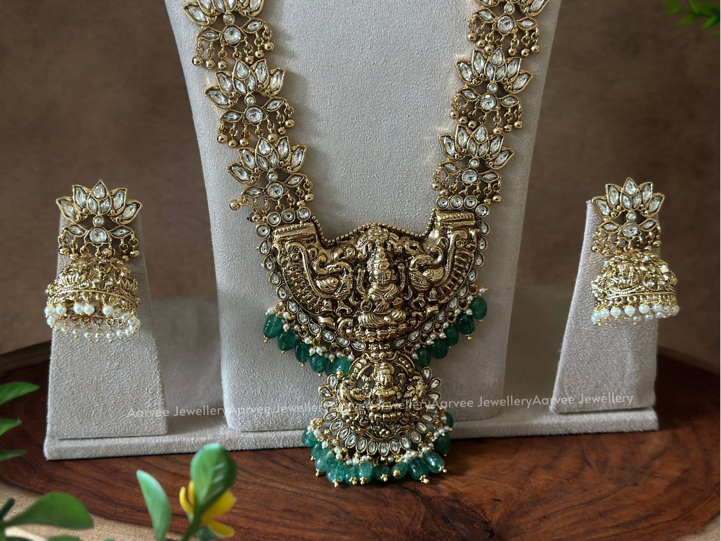 TEMPLE JEWELLERY | WHITE STONES LOTUS HARAM WITH LAKSHMI PENDANT AND WHITE STONES MULTI PENDANT CHOKER WITH PASTEL BEADS