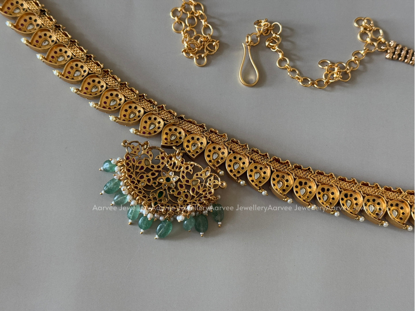 MANGO MOTIF KEMP WAIST CHAIN WITH MIX OF RUBY AND GREEN STONES AND WITH PASTEL BEADS