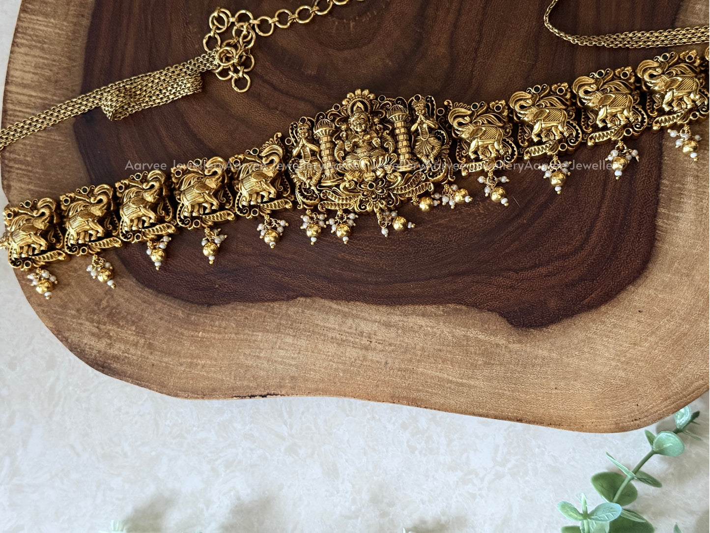 GOLD FINISH LAKSHMI & ELEPHANT MOTIF WAIST CHAIN WITH GOLD BEADS