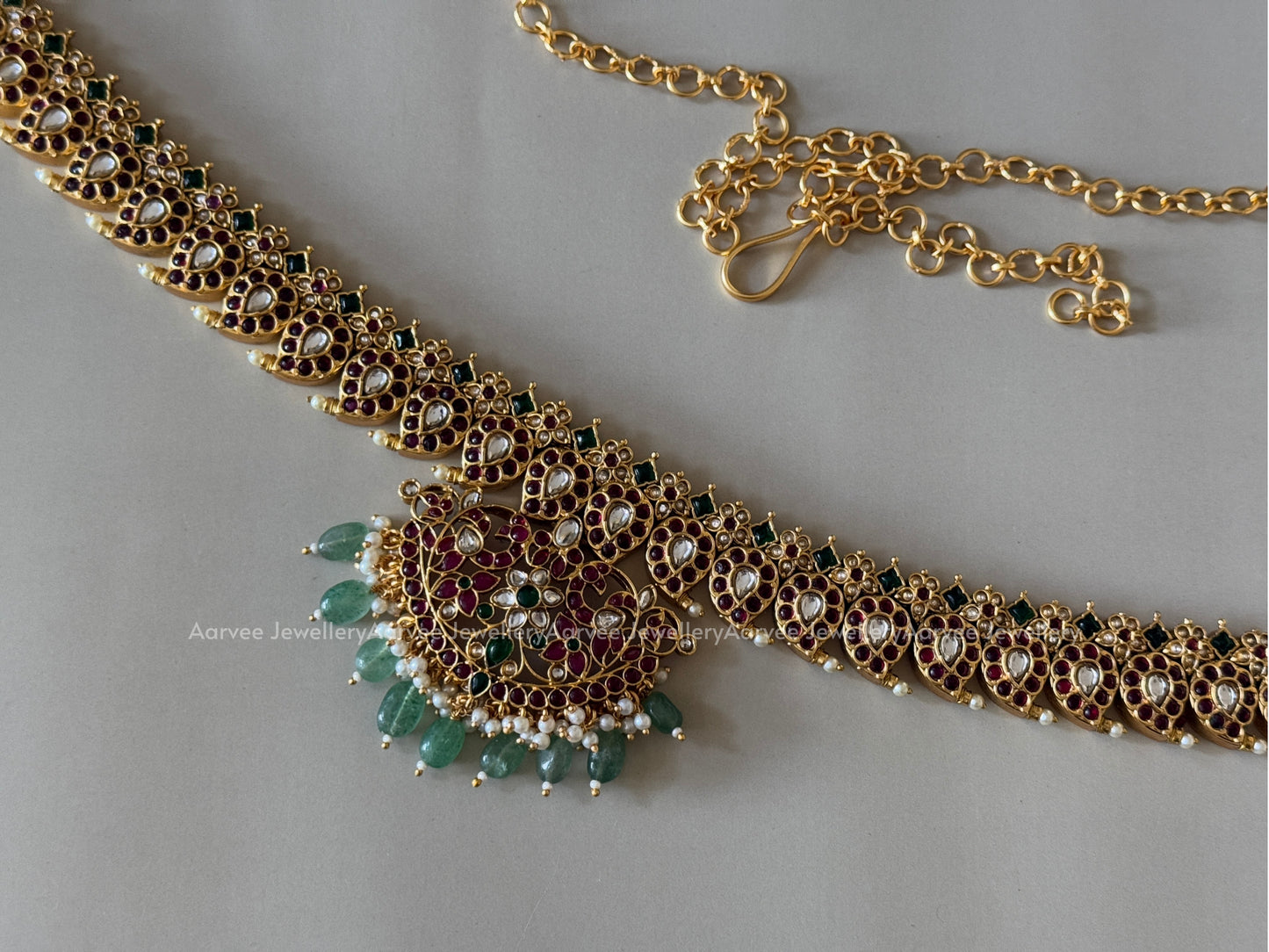 MANGO MOTIF KEMP WAIST CHAIN WITH MIX OF RUBY AND GREEN STONES AND WITH PASTEL BEADS