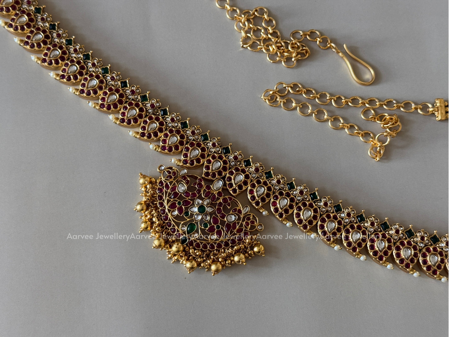 MANGO MOTIF KEMP WAIST CHAIN WITH MIX OF RUBY AND GREEN STONES AND WITH GOLD BEADS