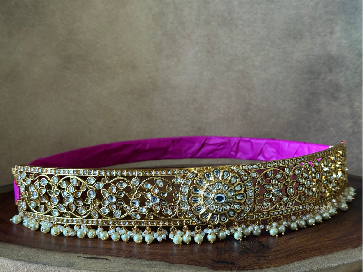 KUNDAN WHITE STONES WAIST BELT WITH PEARLS