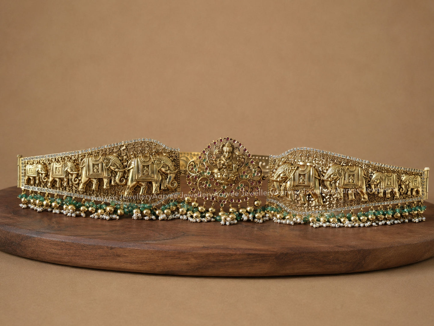HIGH QUALITY GOLD TONE LAXMI AND ELEPHANT MOTIF WAIST BELT WITH TINY GREEN AND GOLD BEAD