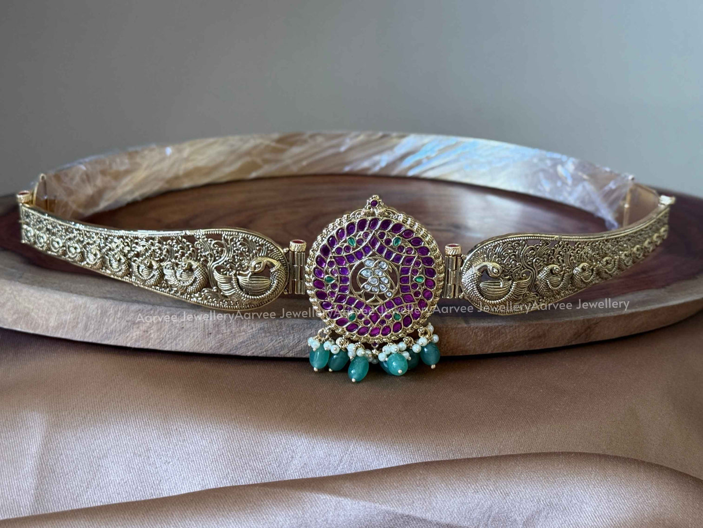 PREMIUM ANTIQUE GOLD PINK KUNDAN STONE WAIST BELT WITH PEACOCK MOTIF AND PASTEL BEADS