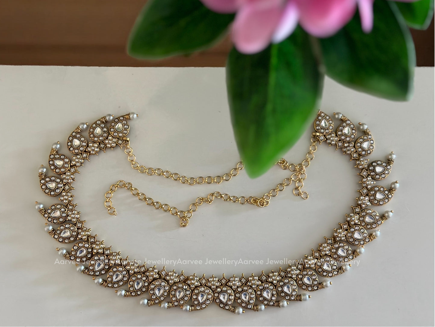 BRIDAL JEWELLERY - JADAU KUNDAN WHITE STONES MANGO MOTIF NECKLACE, HARAM , WAIST CHAIN AND JHUMKI WITH PEARLS