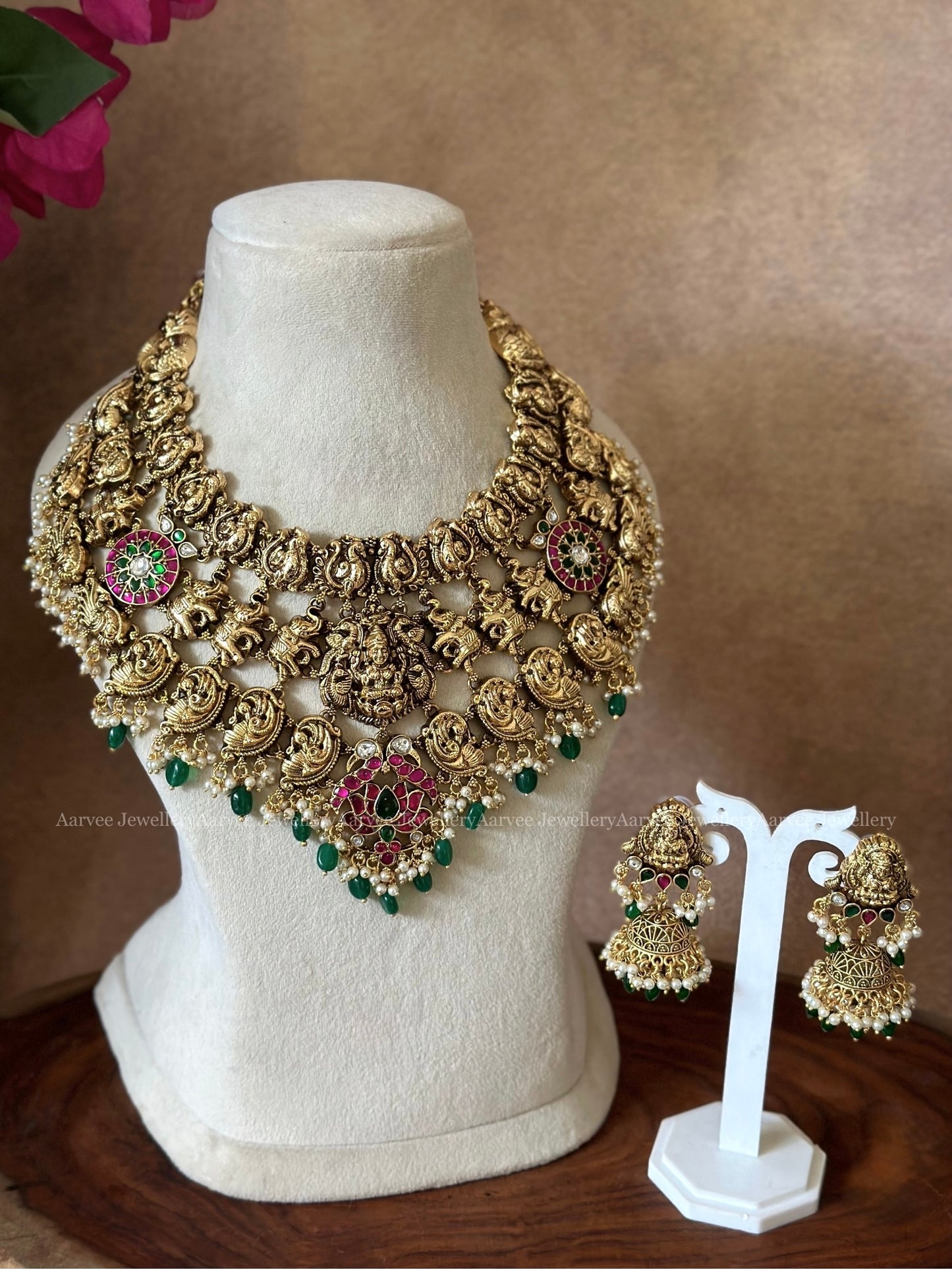 TEMPLE JEWELLERY | STATEMENT NAGAS / NAKSHI NECKLACE SET WITH GREEN BEADS