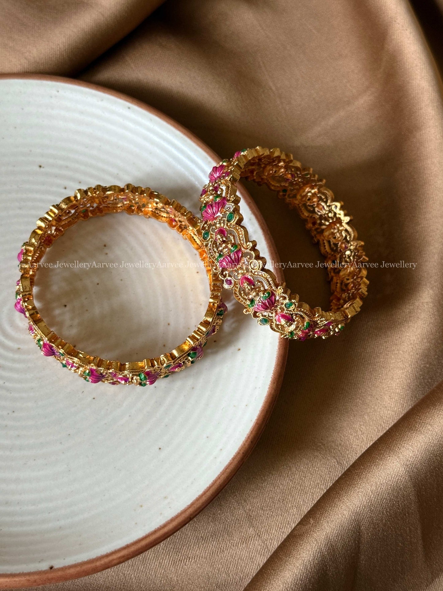 GOLD FINISH PINK / GREEN ENAMEL LAKSHMI BANGLES
