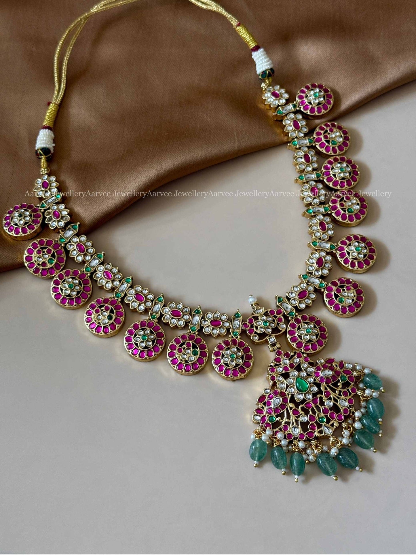 PREMIUM SEMI PRECIOUS PINK KUNDAN STONES BOTTU MALA NECKLACE SET WITH PASTEL BEADS