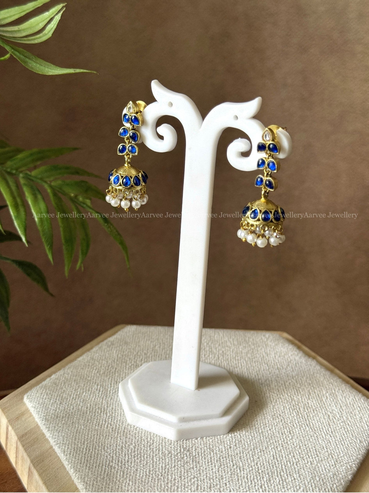JADAU KUNDAN BLUE STONE TEAR DROP JHUMKI