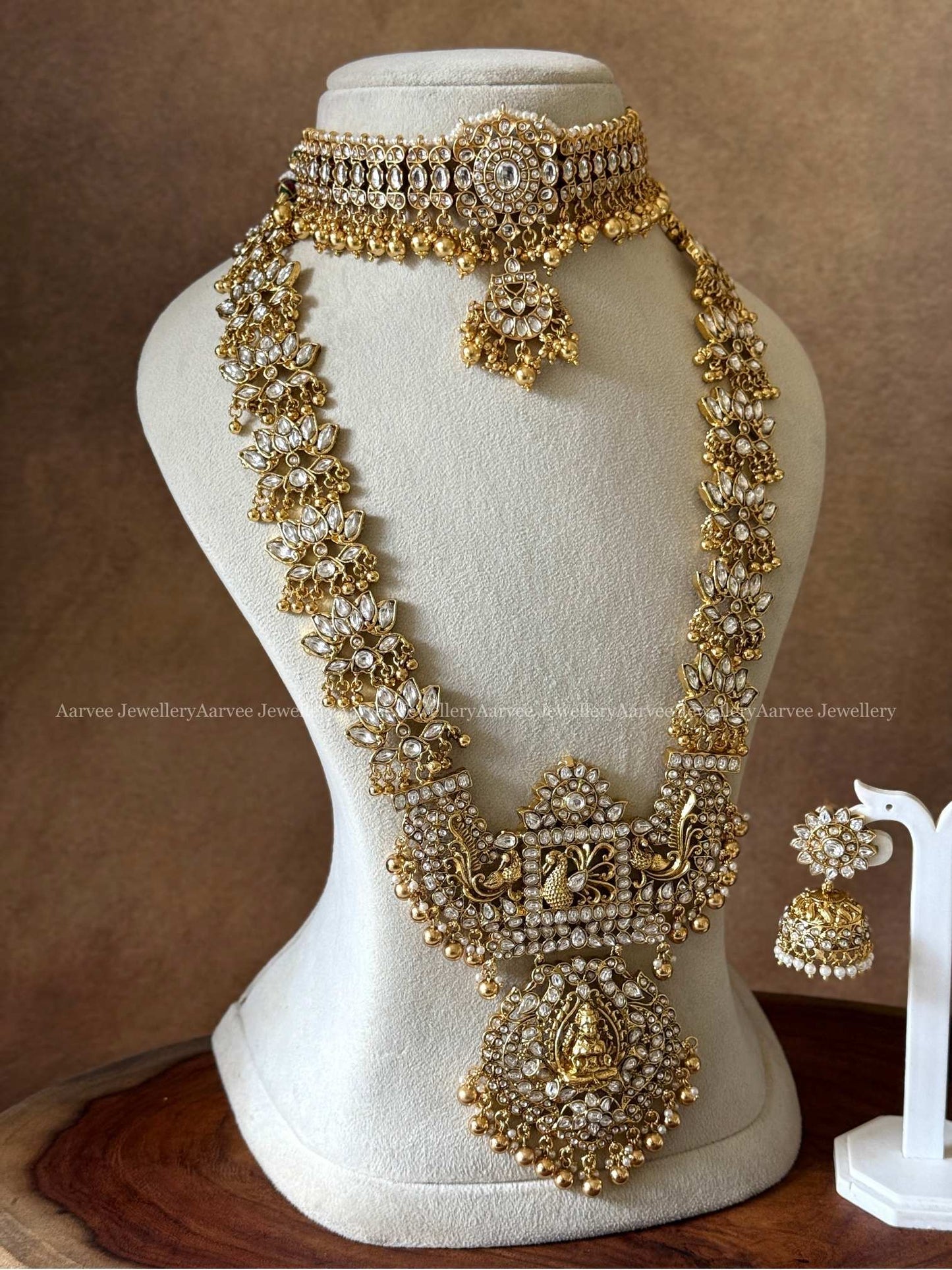 COMBO - KUNDAN SINGLE PENDANT CHOKER AND WHITE STONE LOTUS & LAKSHMI HARAM SET WITH GOLD BEADS