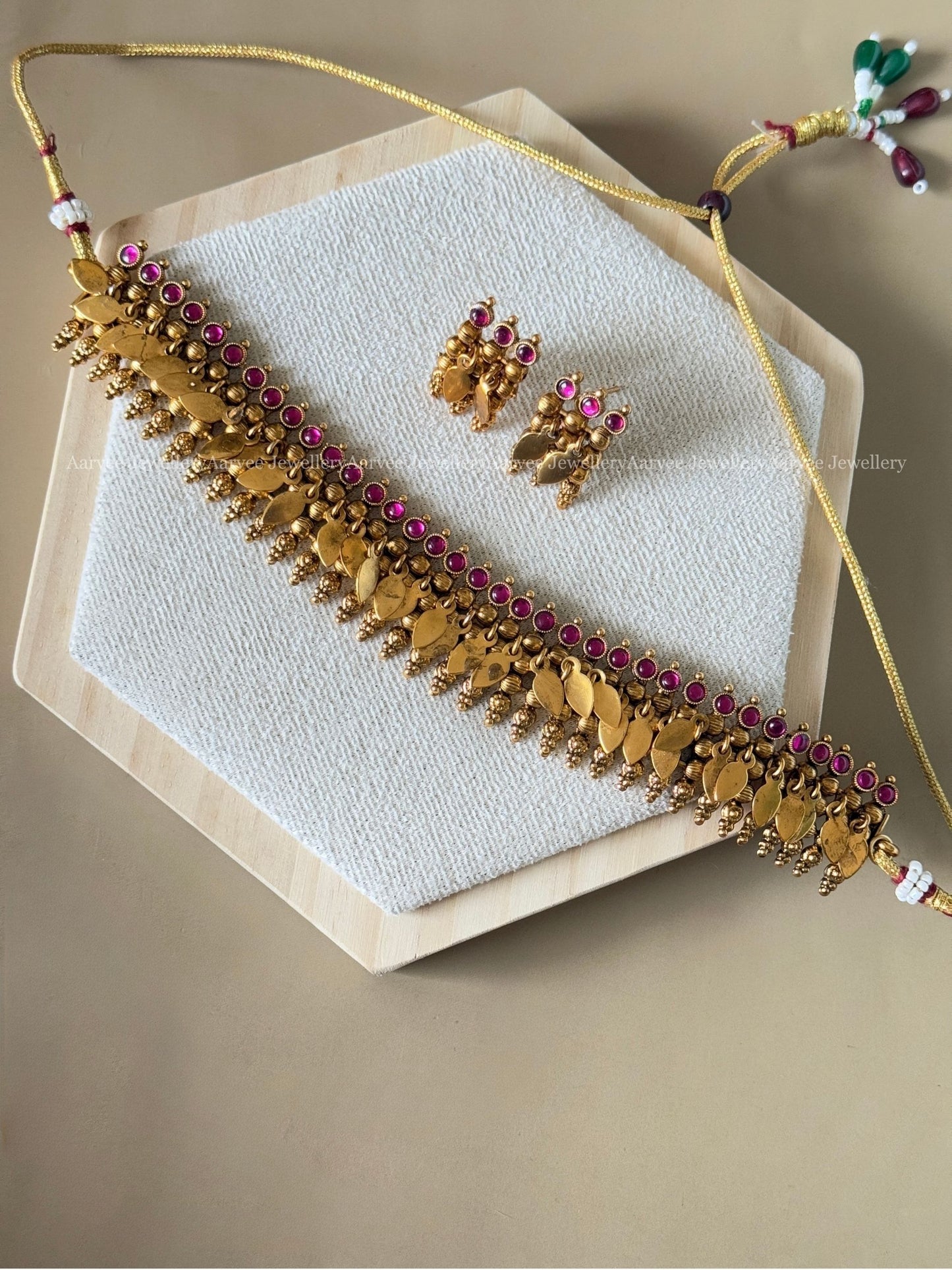 GOLD TONE KERALA STYLE RUBY STONE ELAKKATHALI CHOKER SET