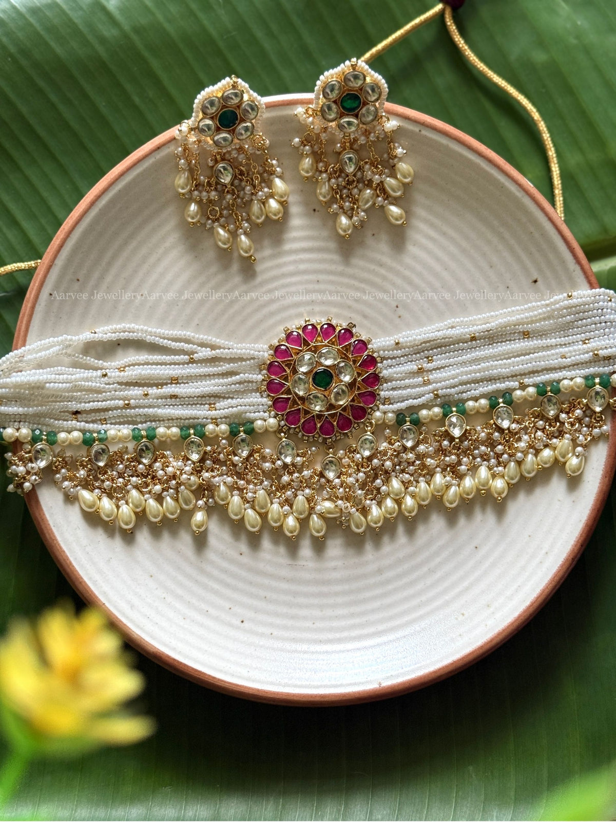 POLKI KUNDAN PEARL BUNCH RUBY / WHITE FLORAL CHOKER SET WITH PEARL DROPS