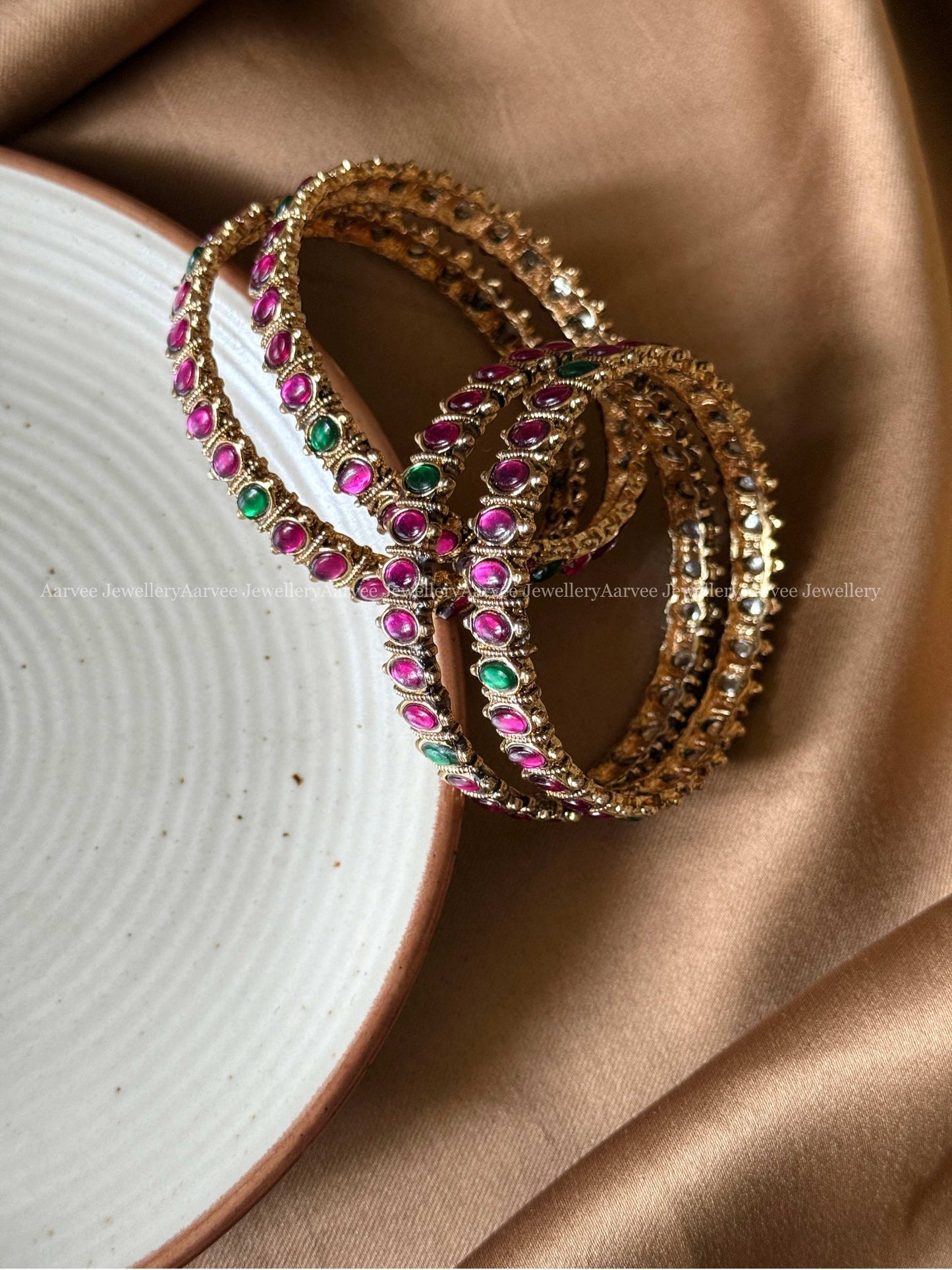 GOLD FINISH RUBY / GREEN KEMP STONES BANGLES