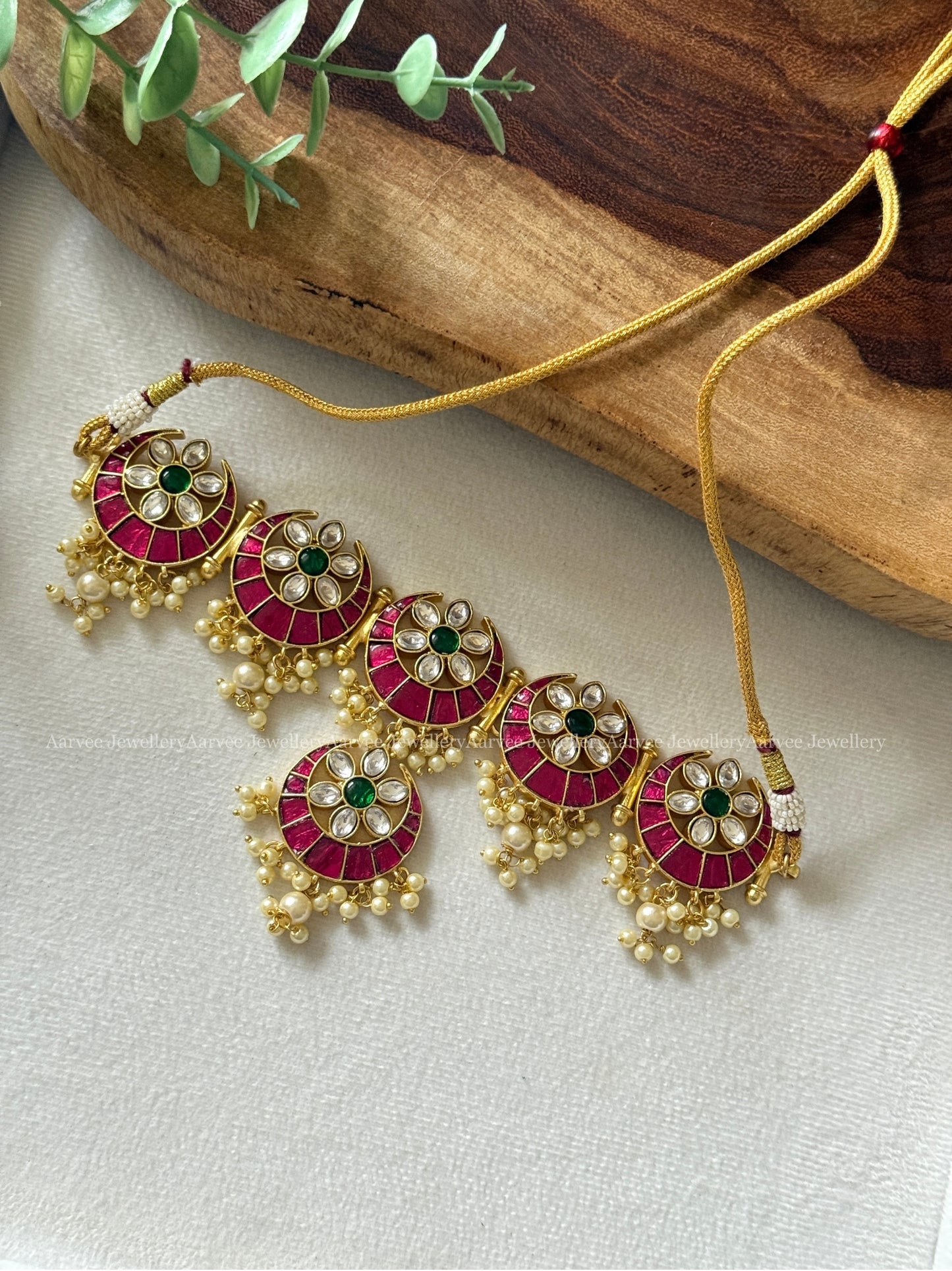 JADAU KUNDAN HALF MOON / CHAND CHOKER SET WITH PINK/WHITE/GREEN STONES AND PEARLS