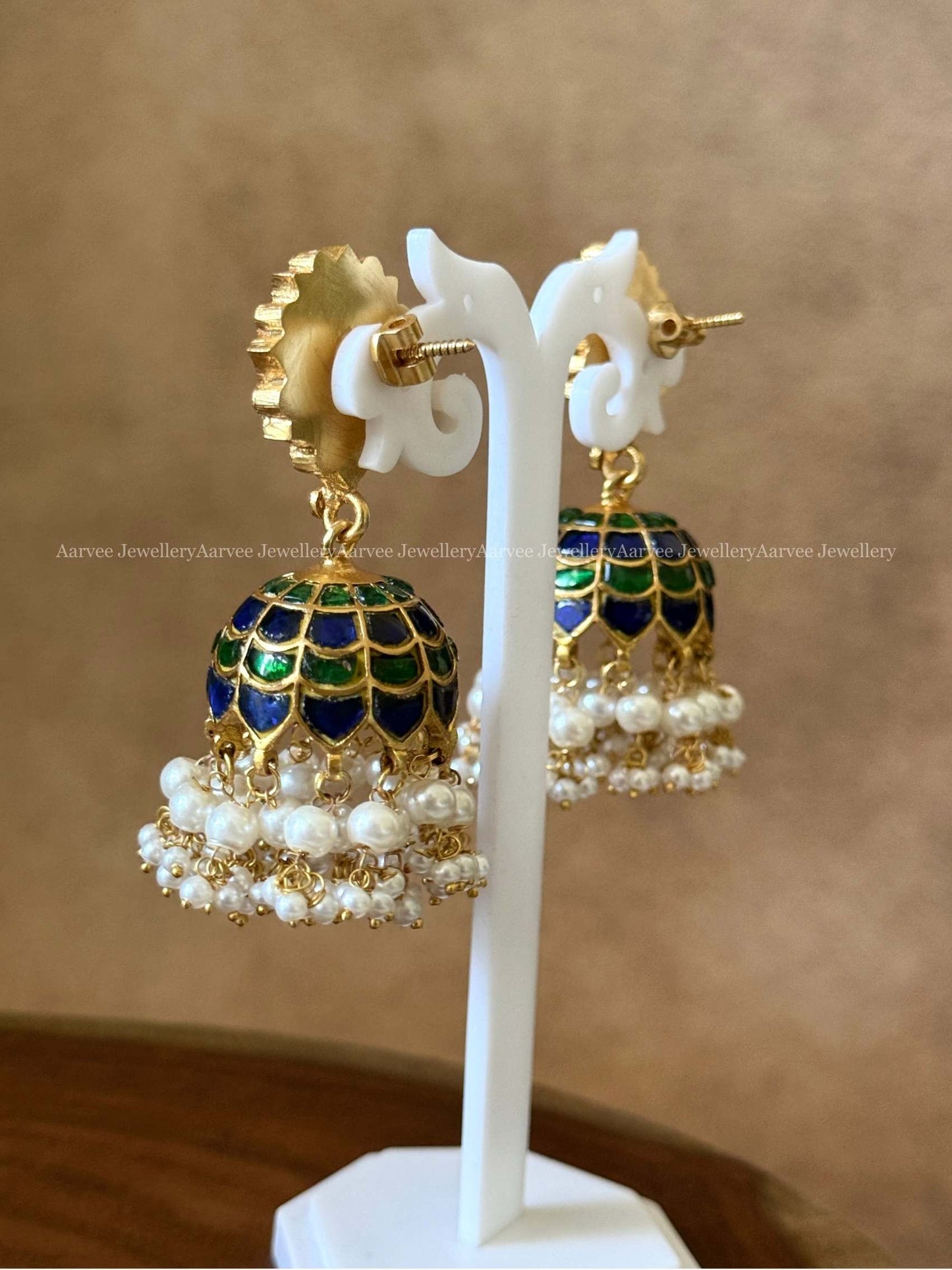 JADAU KUNDAN BLUE / GREEN STONES LOTUS JHUMKI WITH PEARLS