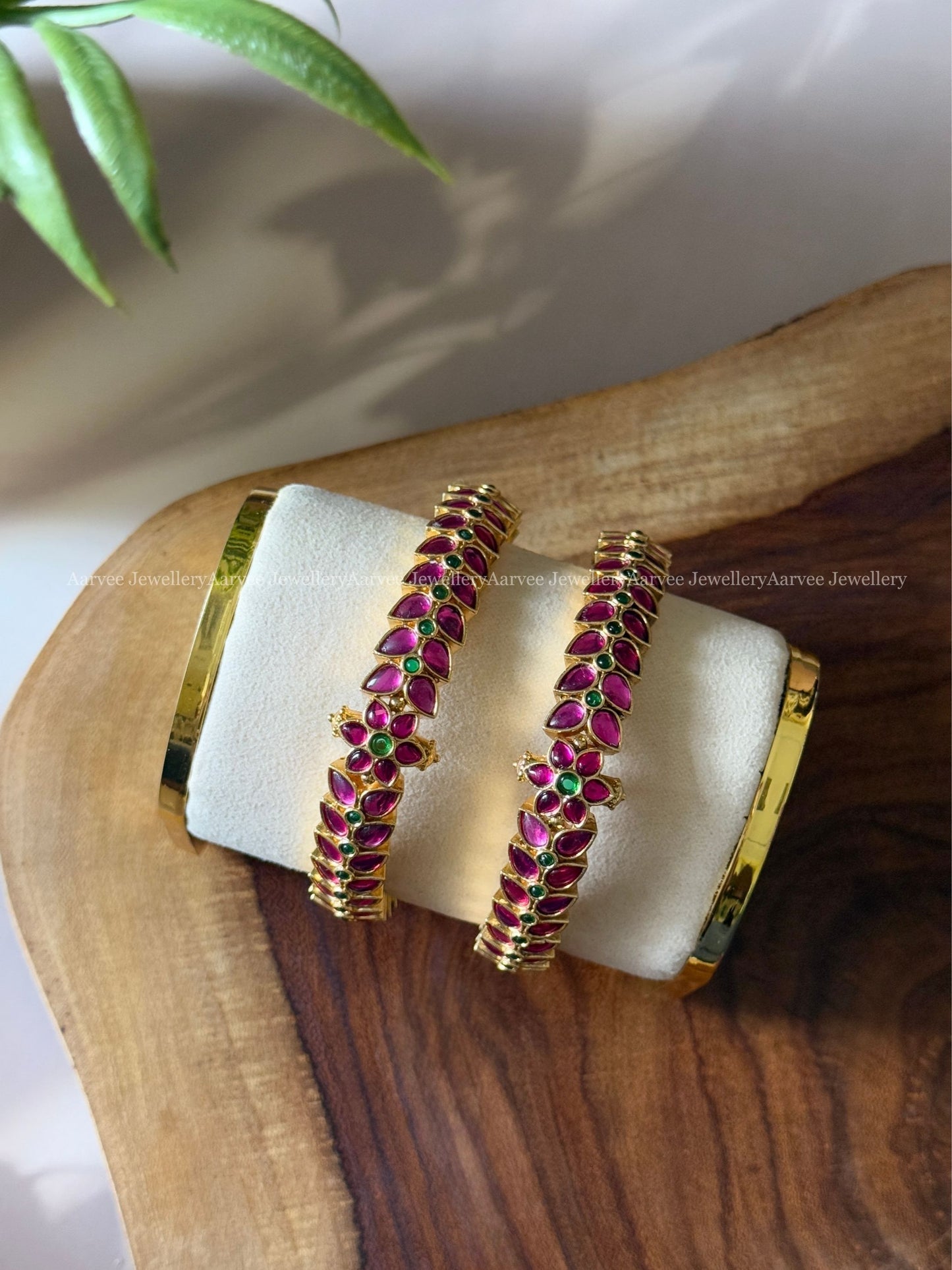 PINK KEMP STONE FLORAL & LEAF DESIGN KADA BANGLES