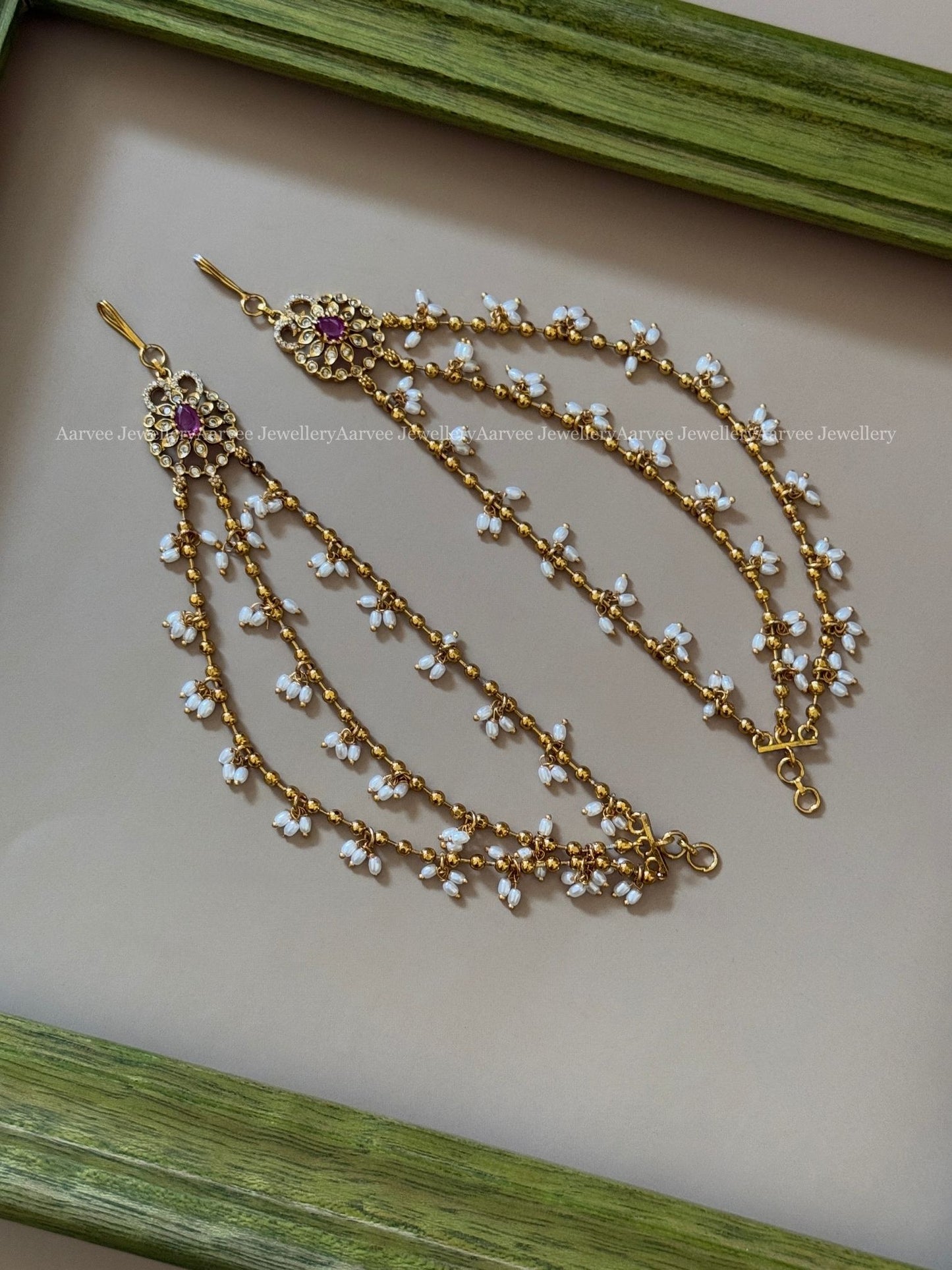 GOLD BEAD LAYERED EAR CHAIN WITH RUBY CZ STONES