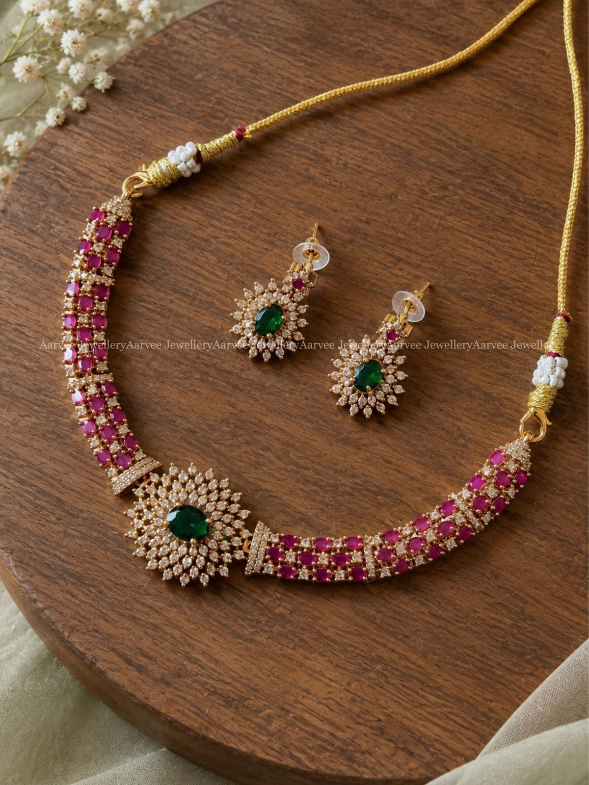 HIGH QUALITY PINK CZ STONE KANTI NECKLACE SET WITH WHITE / GREEN PENDANT