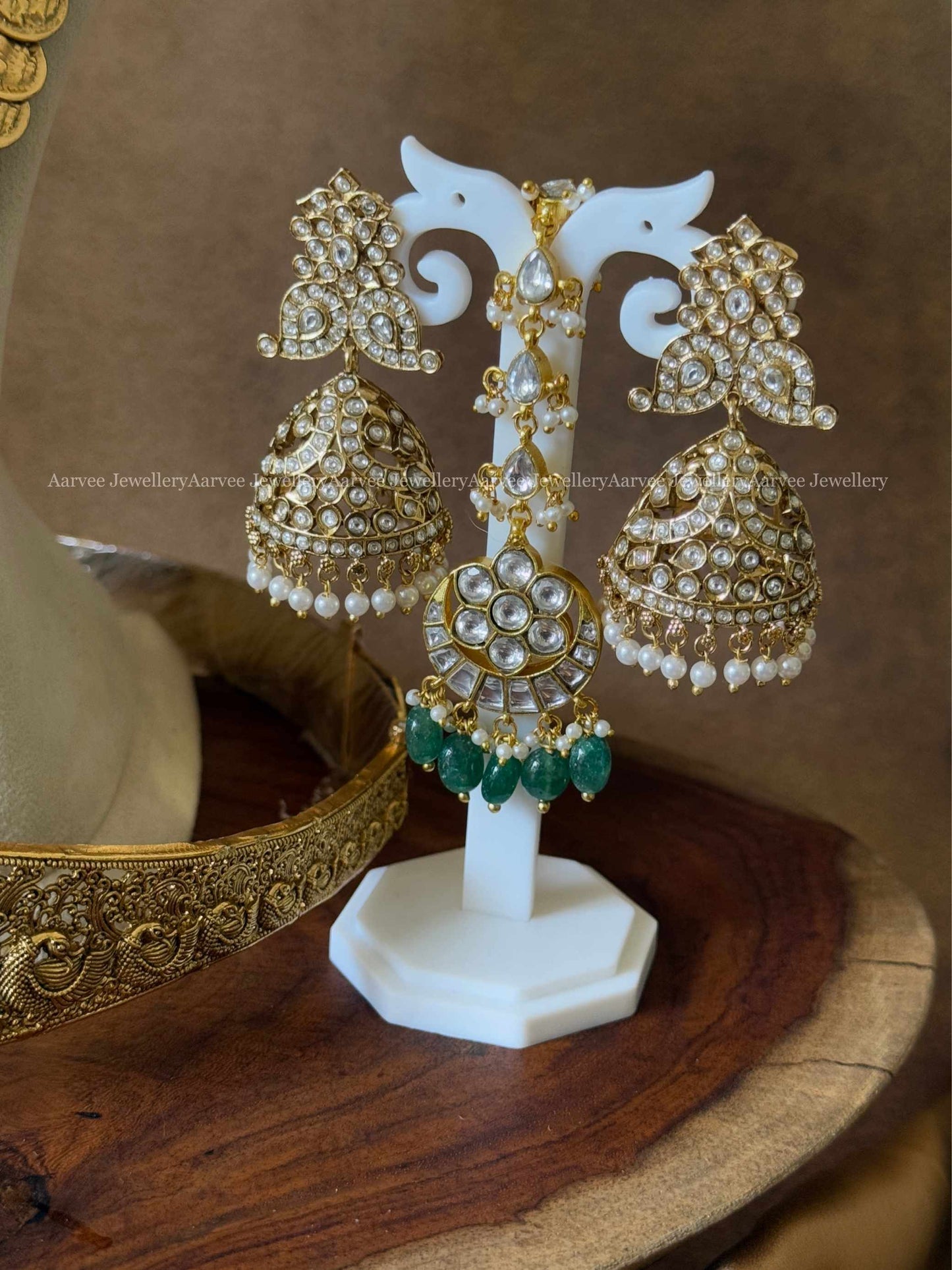 KUNDAN BRIDAL JEWELLERY - WHITE STONE CHOKER, COIN HARAM SET, WAIST BELT AND TIKKA WITH PASTEL GREEN BEADS